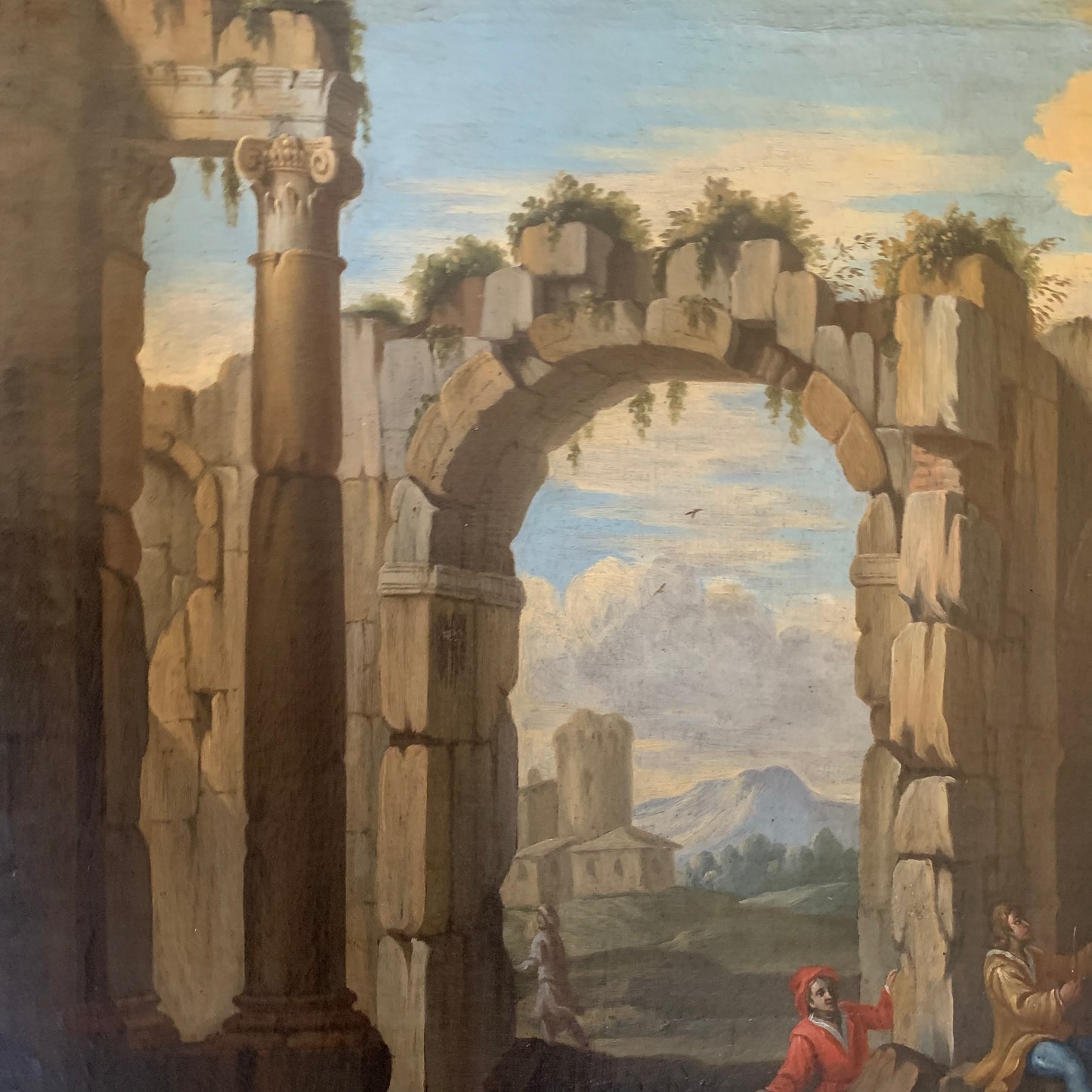 Roman school. Lazio landscape. Early 18th century. Architectual Capriccio with ruins of Ancient Rome