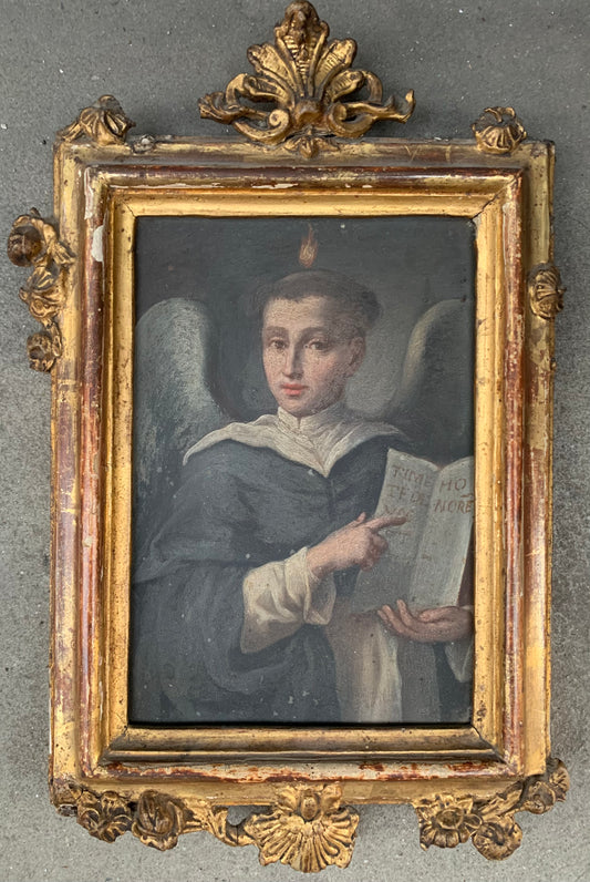 Painting on Marble of St. Vincent Ferrer, 17th Century TIMEO HOMINES ET DONA FERENTES.