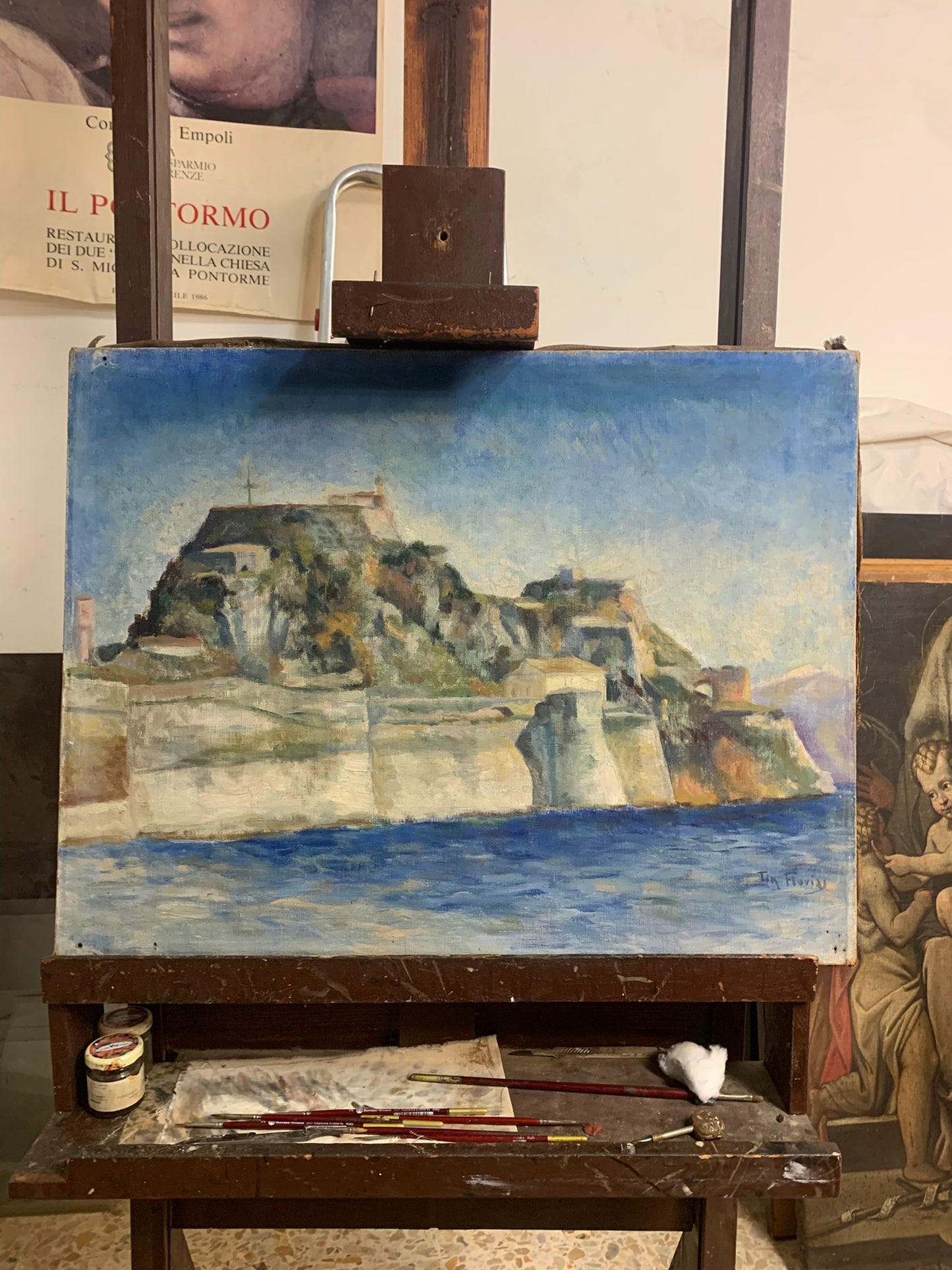 Venetian fortress on the Greek island of Corfu. Signed Tin Florias (1897-1969, Greek)