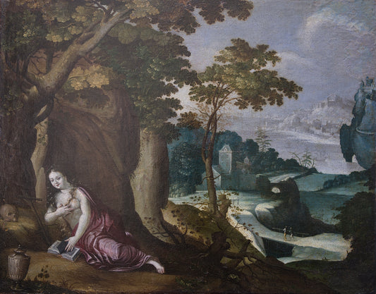 Scuola fiamminga, paesaggio boscoso con castello e città collinare sul fiume, inizio XVII secolo