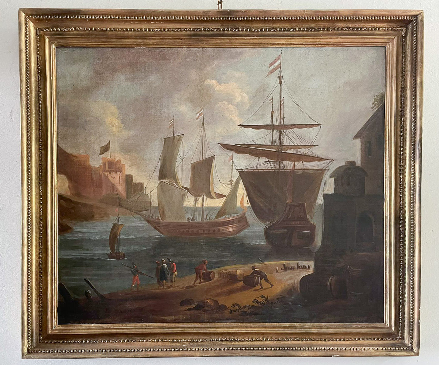 Large Marine painting with Ships in the port.  1690-1720 circa. Cm 110x 118