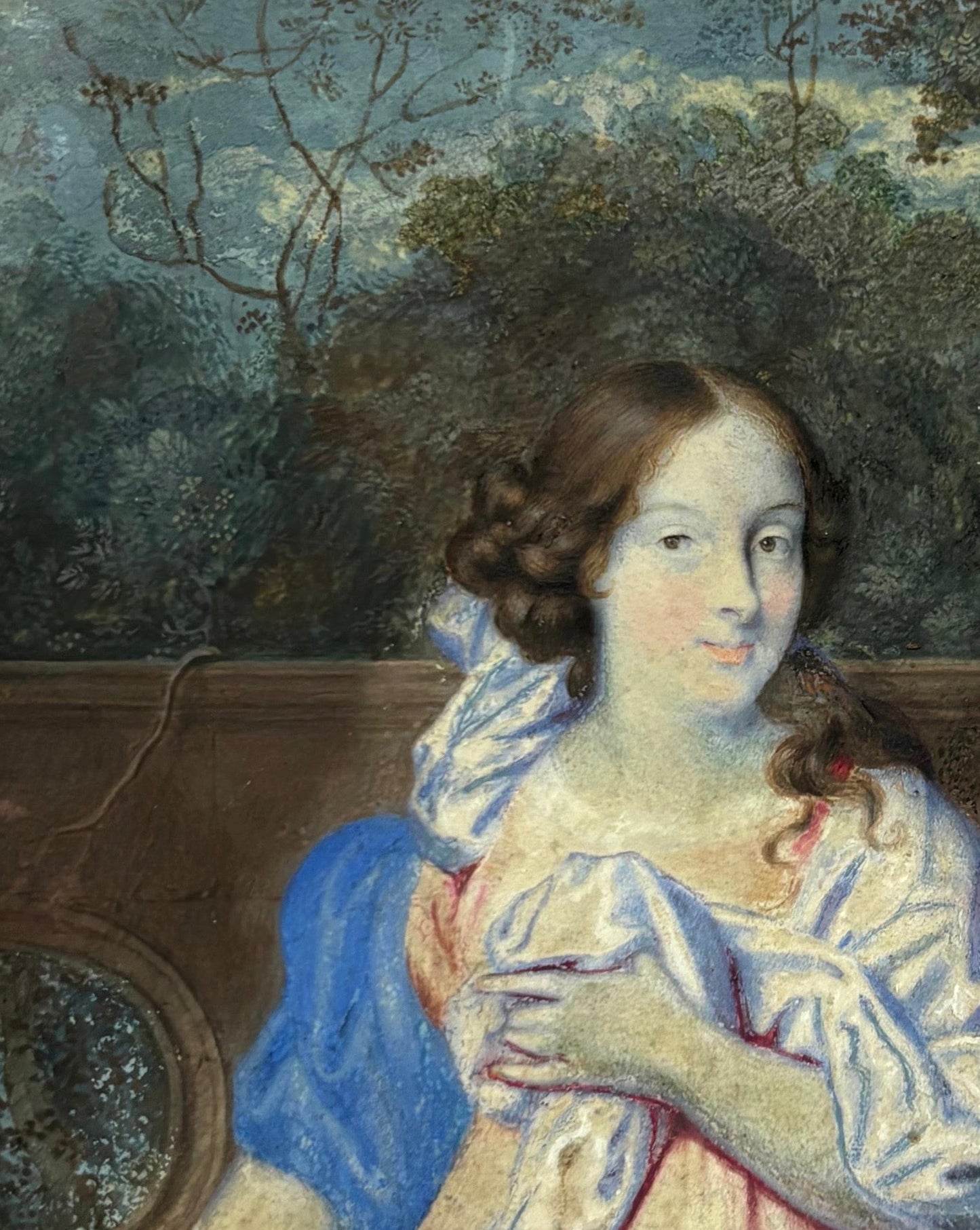 Ritratto di scuola olandese, circa 1670, giovane dama nel giardino davanti a balaustra