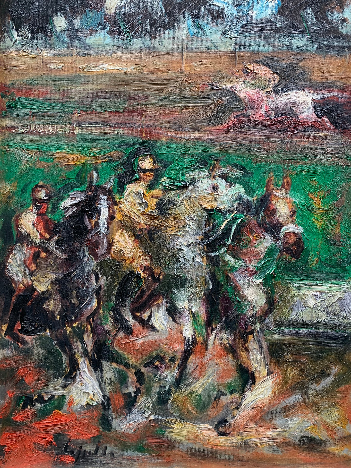 At the Racetrack, horses in the Cascine, Florence. Painting by Emanuele Cappello, born in 1936