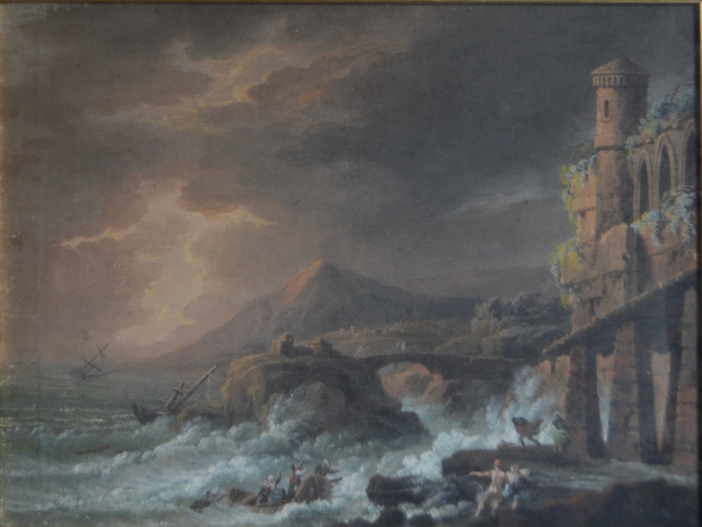 Gouache of a Shipwreck in a Storm with Gothic Ruins, Early 19th Century