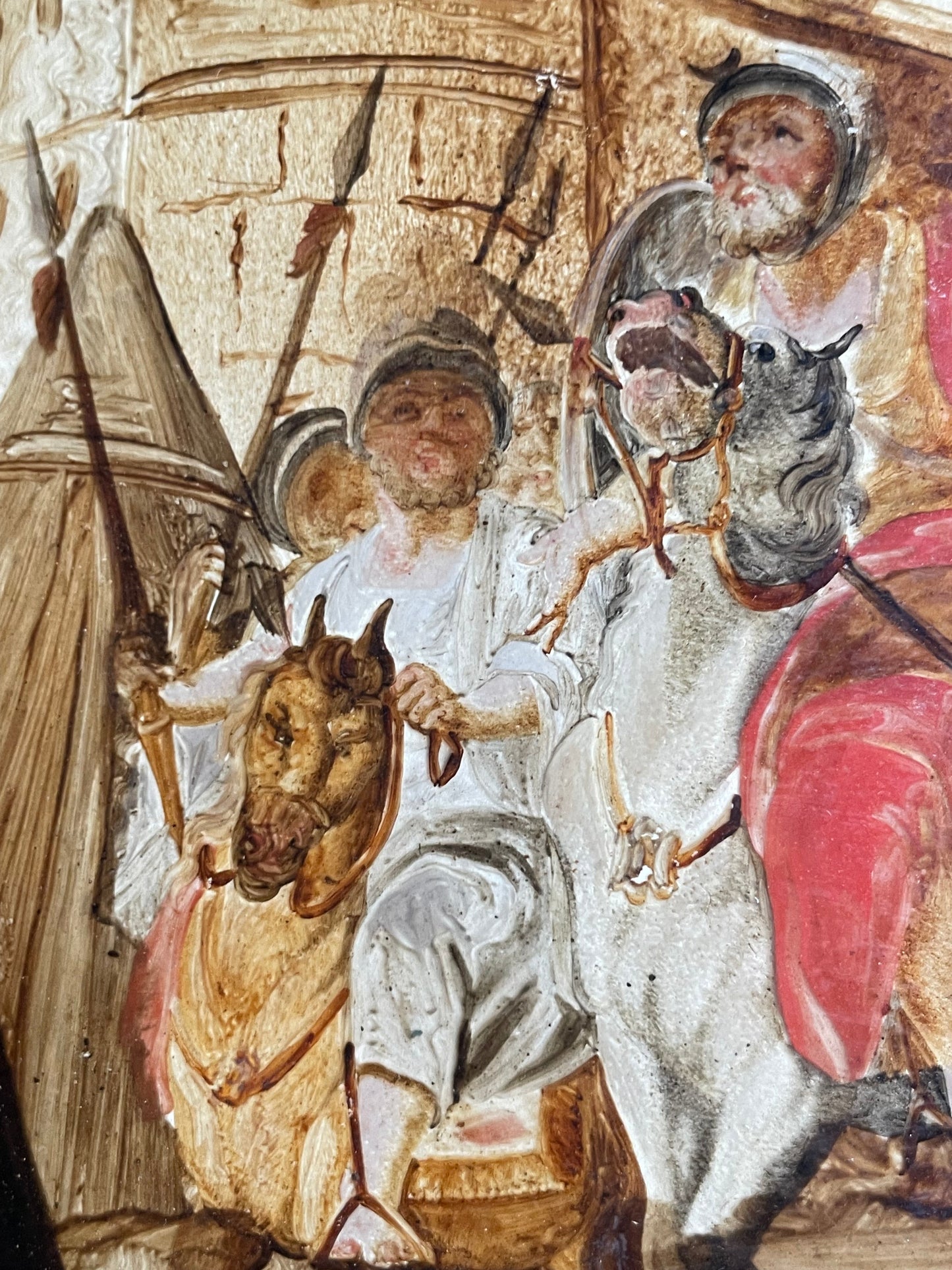Dipinto sottovetro con scena di assedio, cavalieri e tende militari, XVIII secolo, Venezia (?)