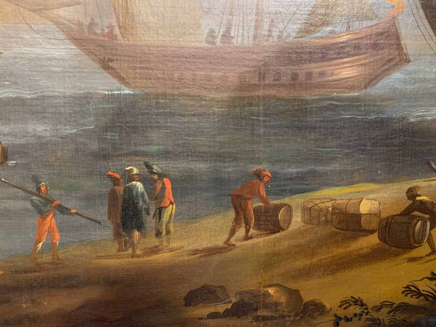 Large Marine painting with Ships in the port.  1690-1720 circa. Cm 110x 118