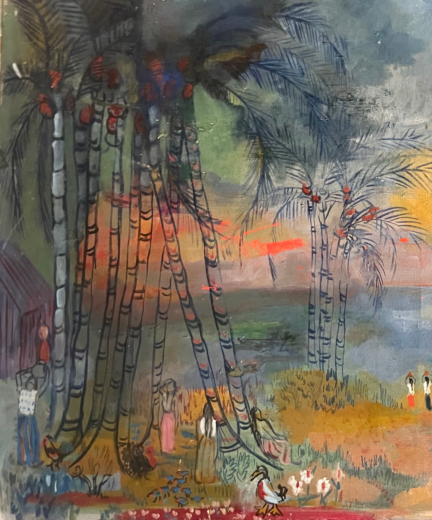 Magda Andrade (Venezuela, 1912 – Paris, 1984). Tropical Magic. Landscape with Palms and Figures