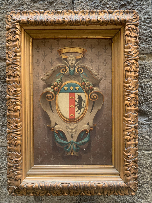 Painted Coat of Arms of the Neri family with Leo, crescents and stars. YEAR 1892