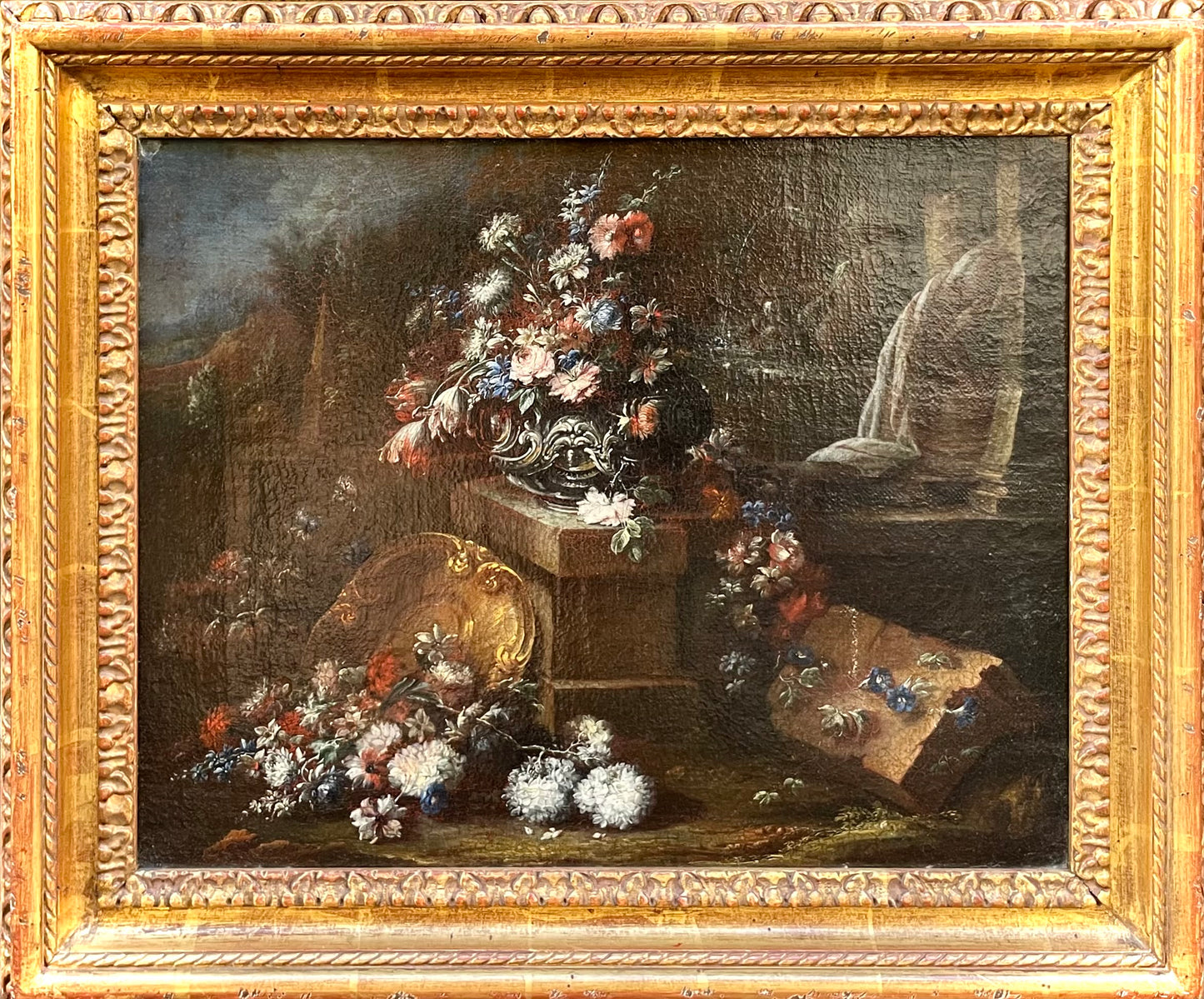 Gaspare Lopez, attribuzione Natura morta con fontana, obelisco e cascata di fiori in un giardino, Napoli, c. 1720