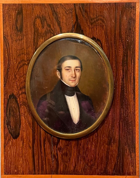 Ritratto miniatura di giovane uomo, firmato M. Chavelon (?), circa 1835–1840