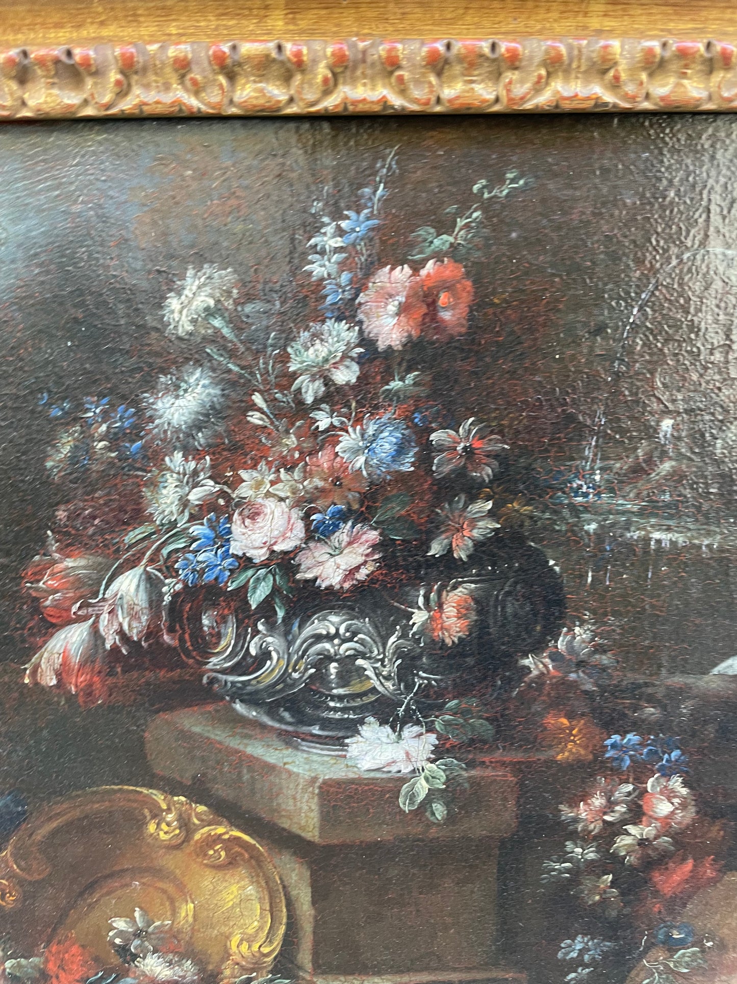 Gaspare Lopez, attribuzione Natura morta con fontana, obelisco e cascata di fiori in un giardino, Napoli, c. 1720