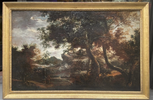 Scuola olandese, XVII secolo – Paesaggio montuoso e viandanti, ambito di Ruysdal