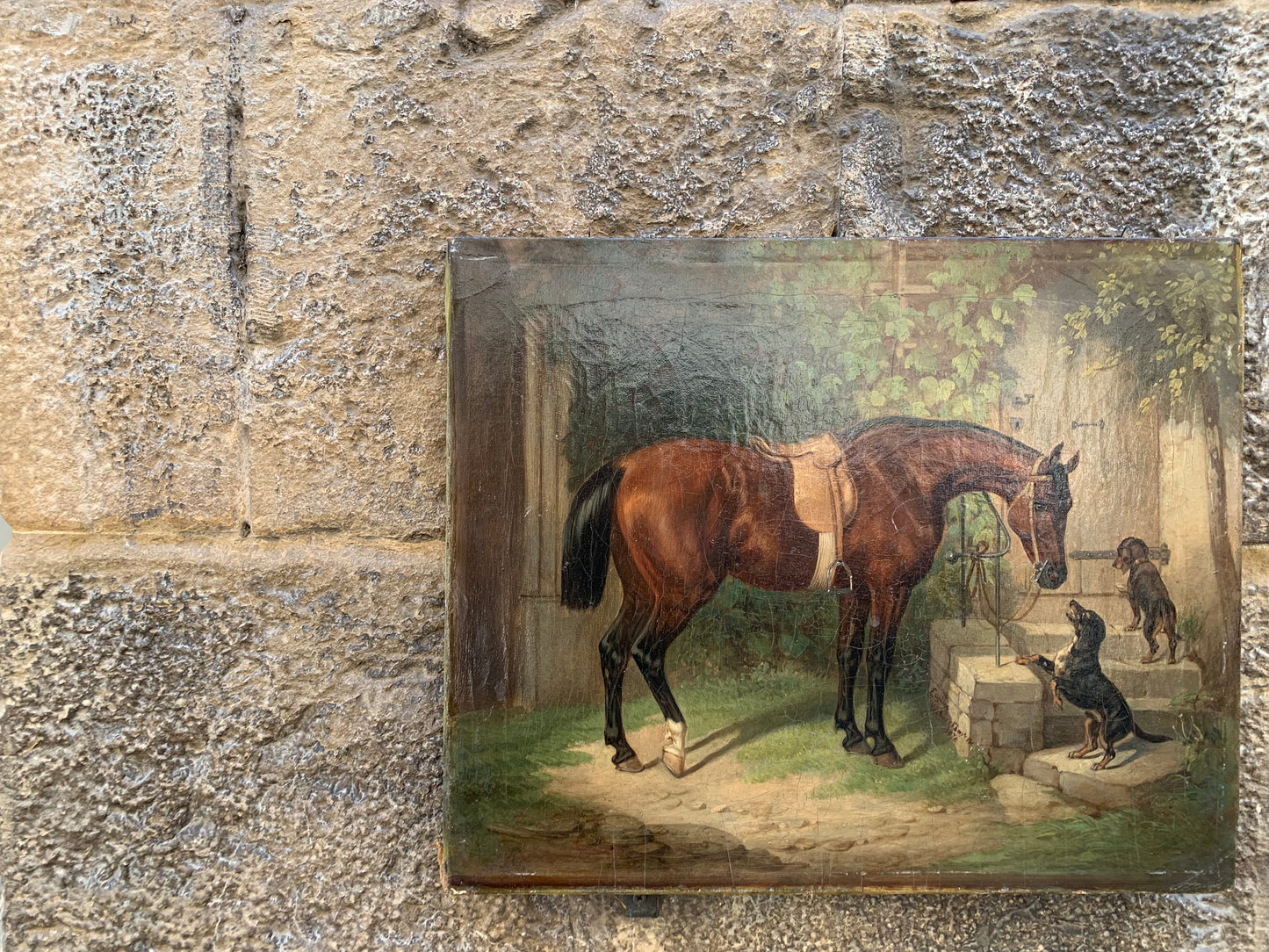 Courtyard Scene with Horse and Two Dachshunds. Anno 1870