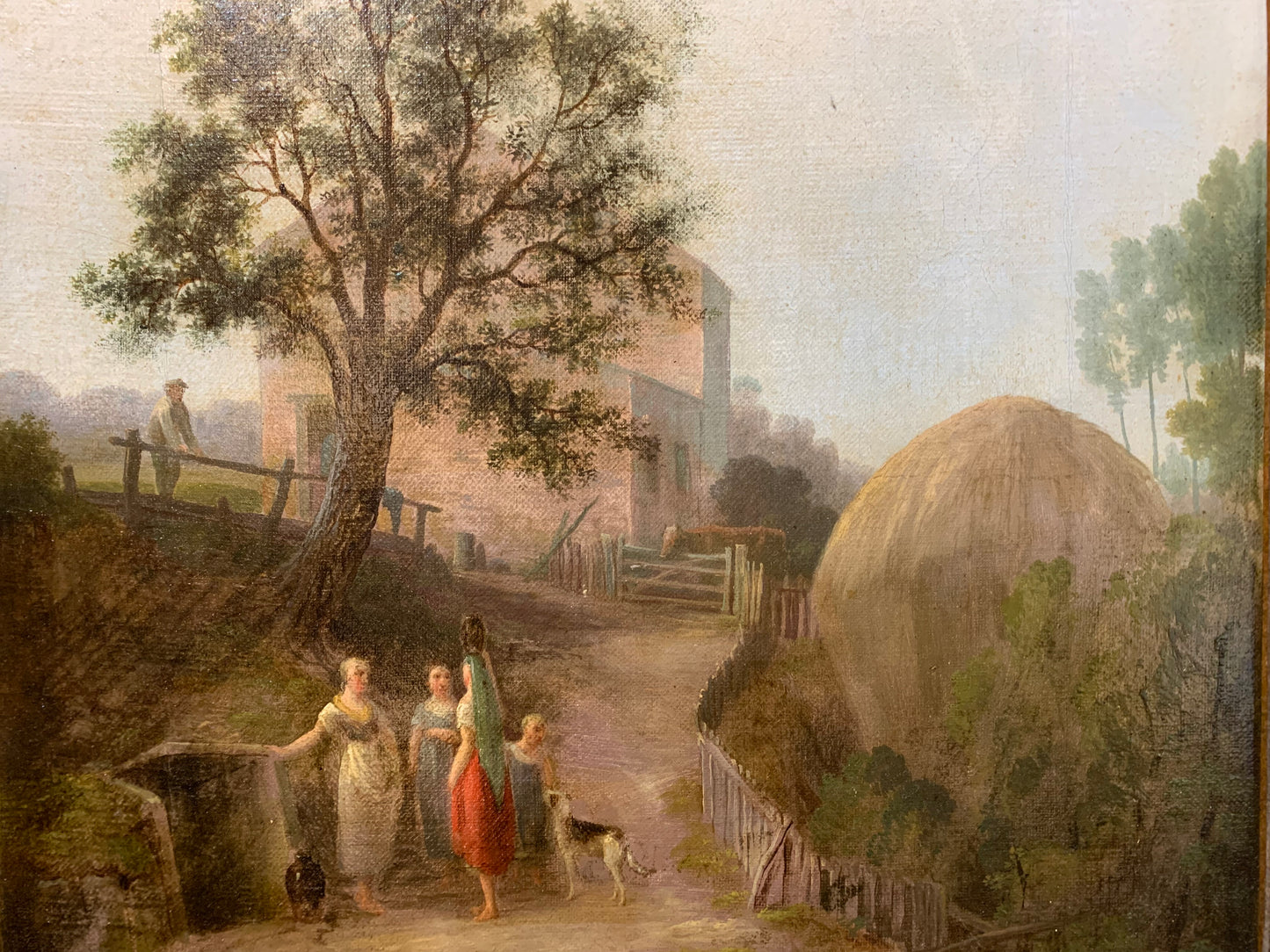 Rural scene with peasant women and countryside landscape. XIX century. Signed A. Retti (?)