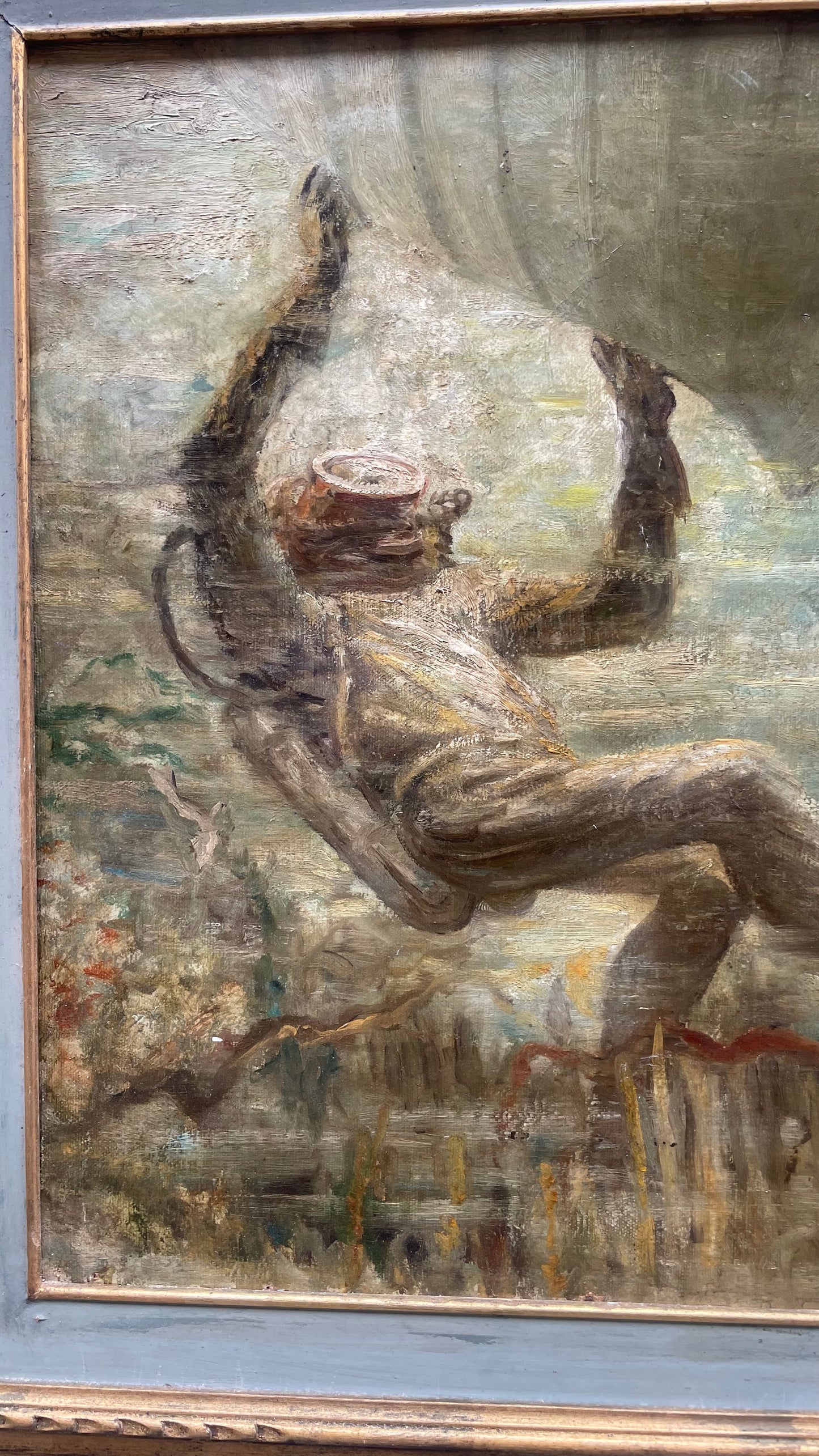 Subacqueo con cernia sotto una barca - Metà del XX secolo. Cm 99 x 74