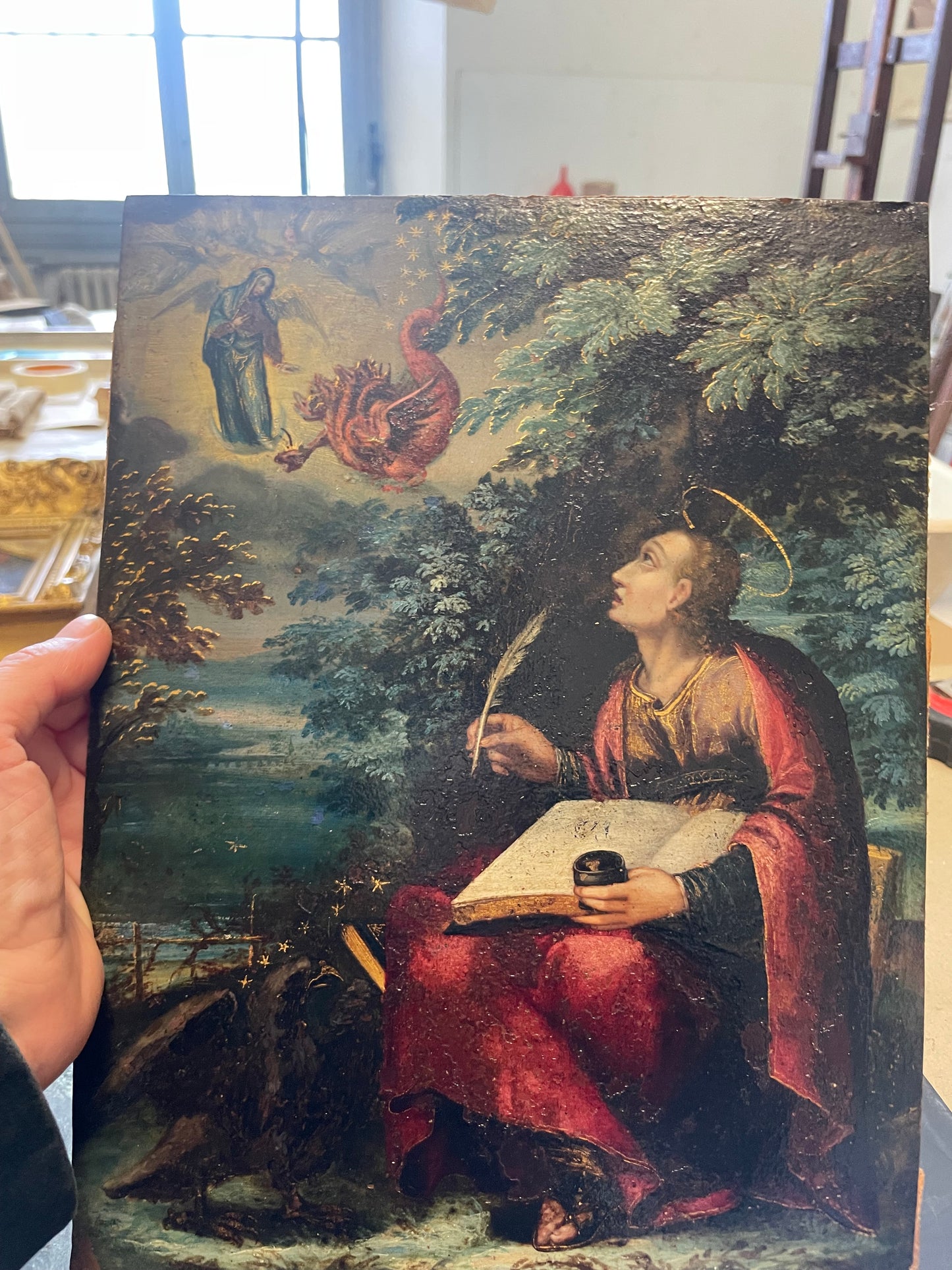 Saint John the Evangelist on Patmos. Apocalyptic Vision with the Virgin and the Dragon, Flemish School, ca. 1620