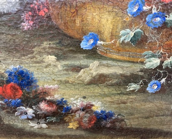 Gaspare Lopez, attribuzione Natura morta con grande vaso e cascata di fiori in un giardino, Napoli, c. 1720