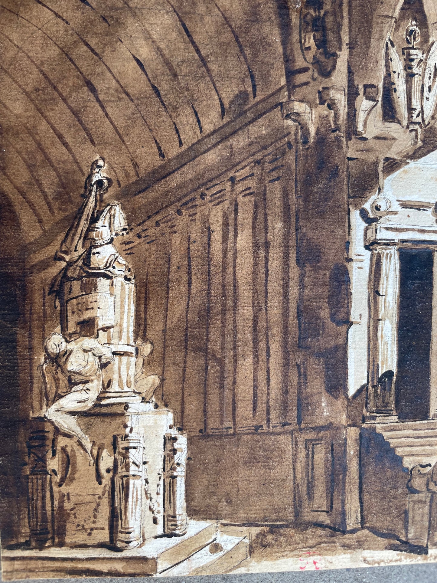 Scenografia architettonica con monumento a trofei, moro prigioniero e leoni. Amb. Fontanesi