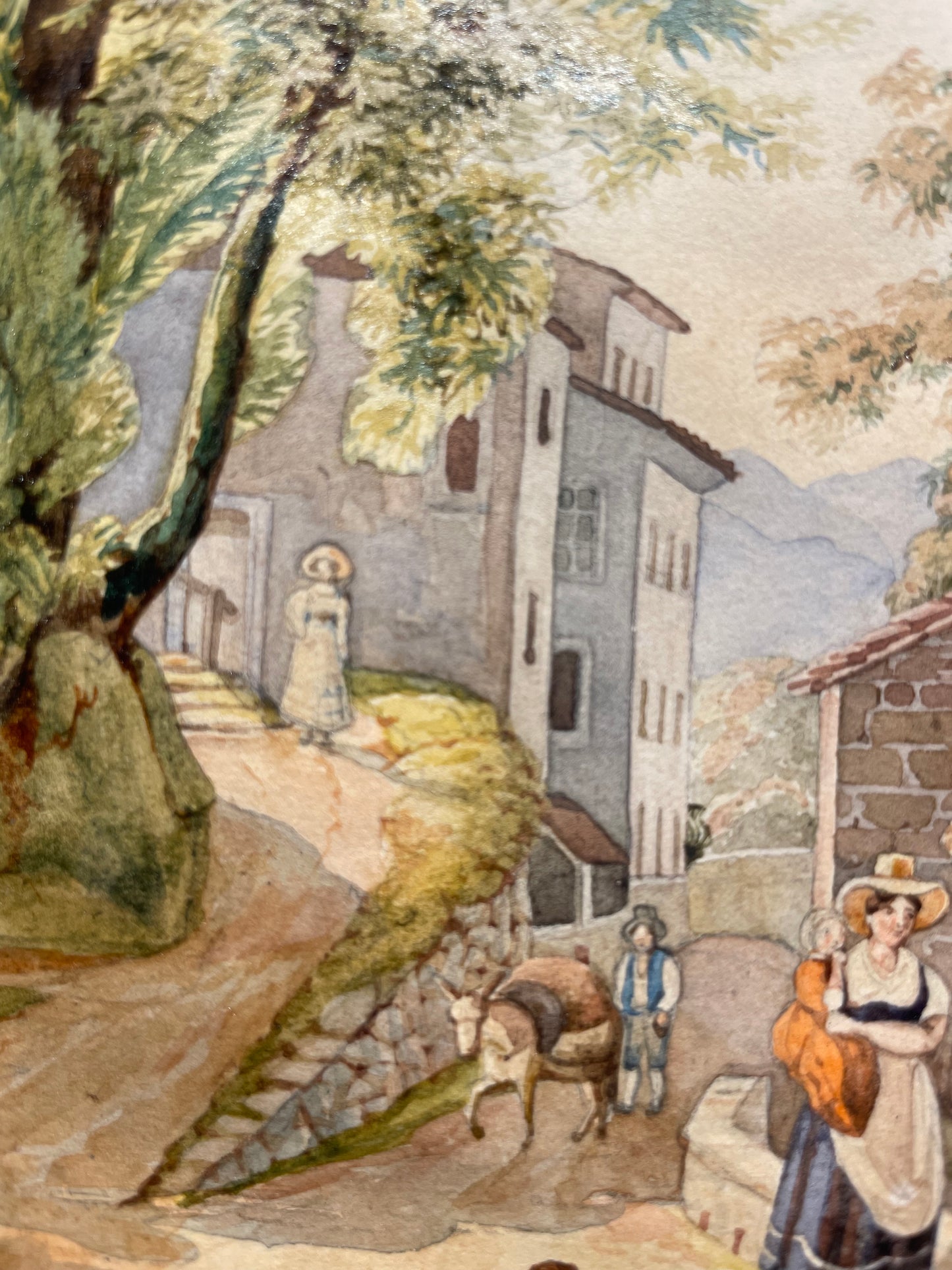 Acquerello ottocentesco nelle campagne toscane presso Firenze, Elisabetta Del Monte Bourbon, firmato e datato 1829