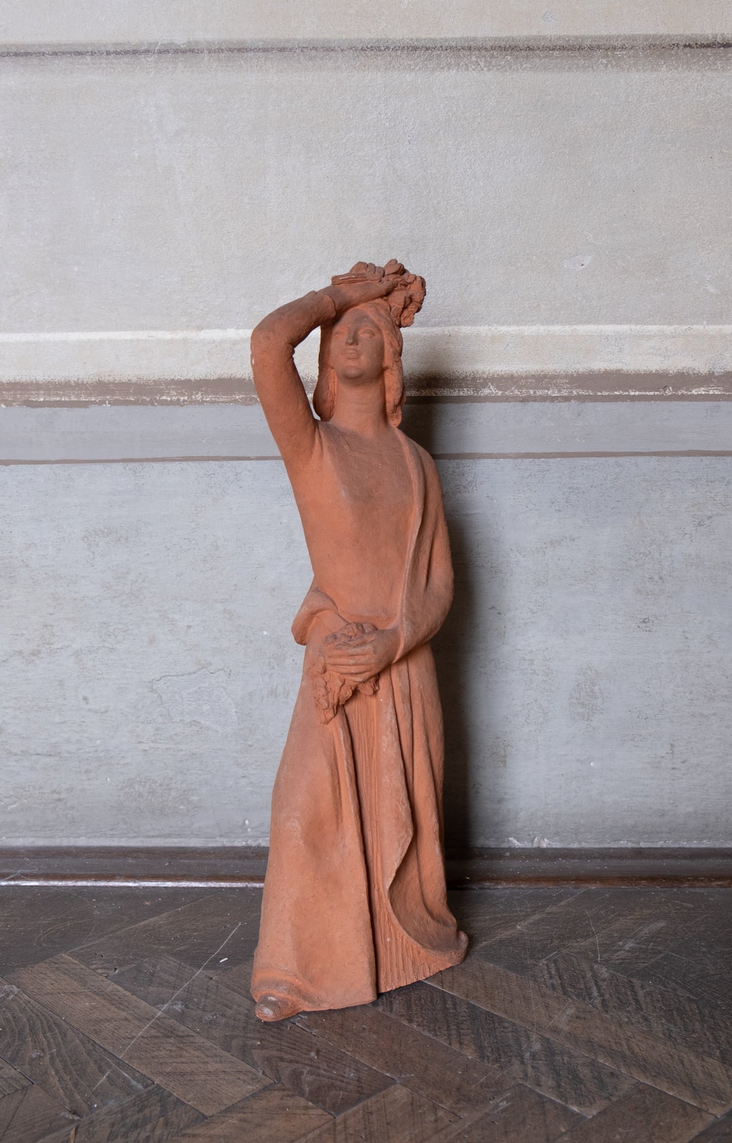 Woman with flowers on head, terracotta sculpture, 1930s-40s, Giorgio Rossi (1894-1981). Tuscan Sculptor.