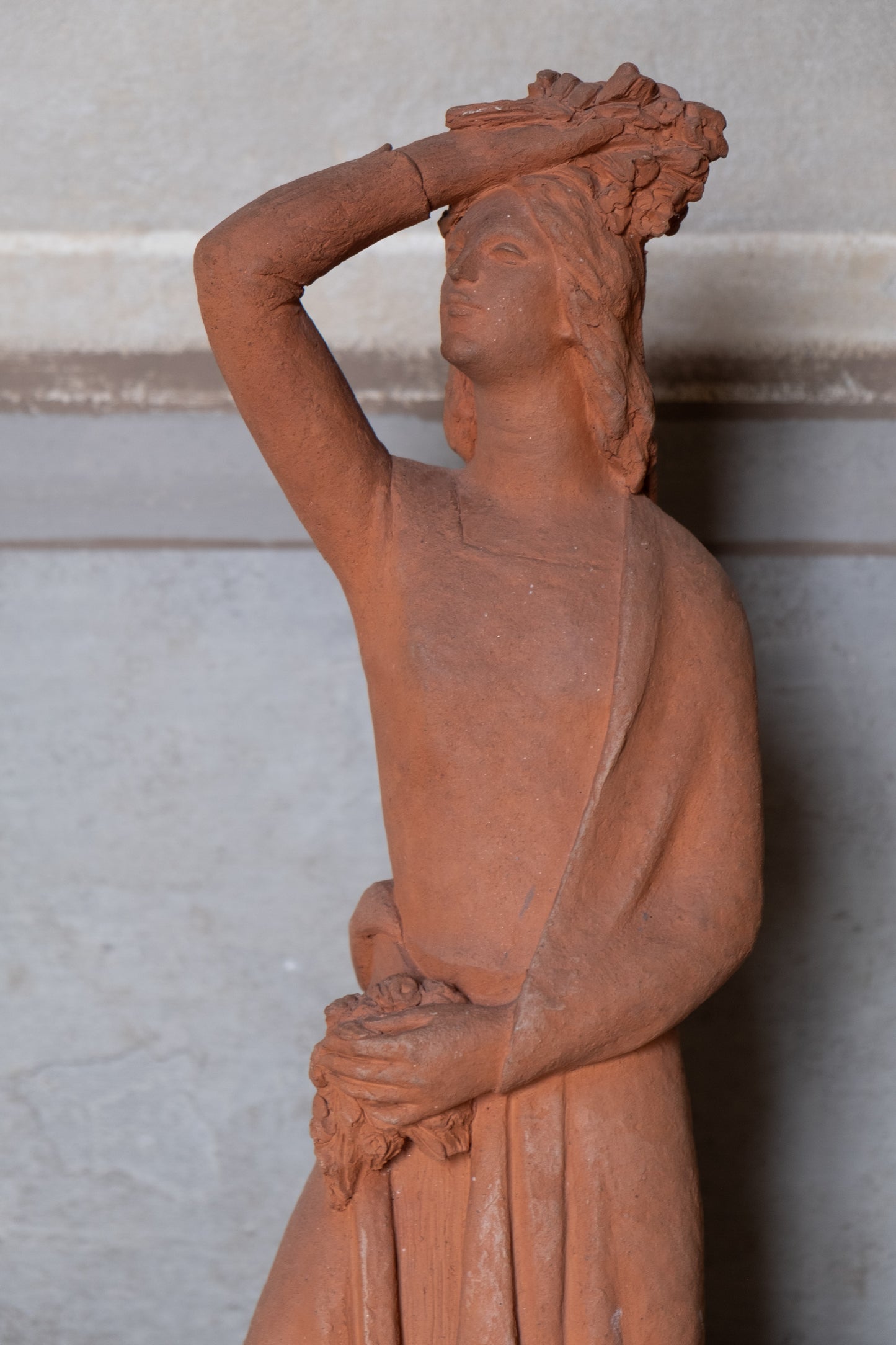 Woman with flowers on head, terracotta sculpture, 1930s-40s, Giorgio Rossi (1894-1981). Tuscan Sculptor.