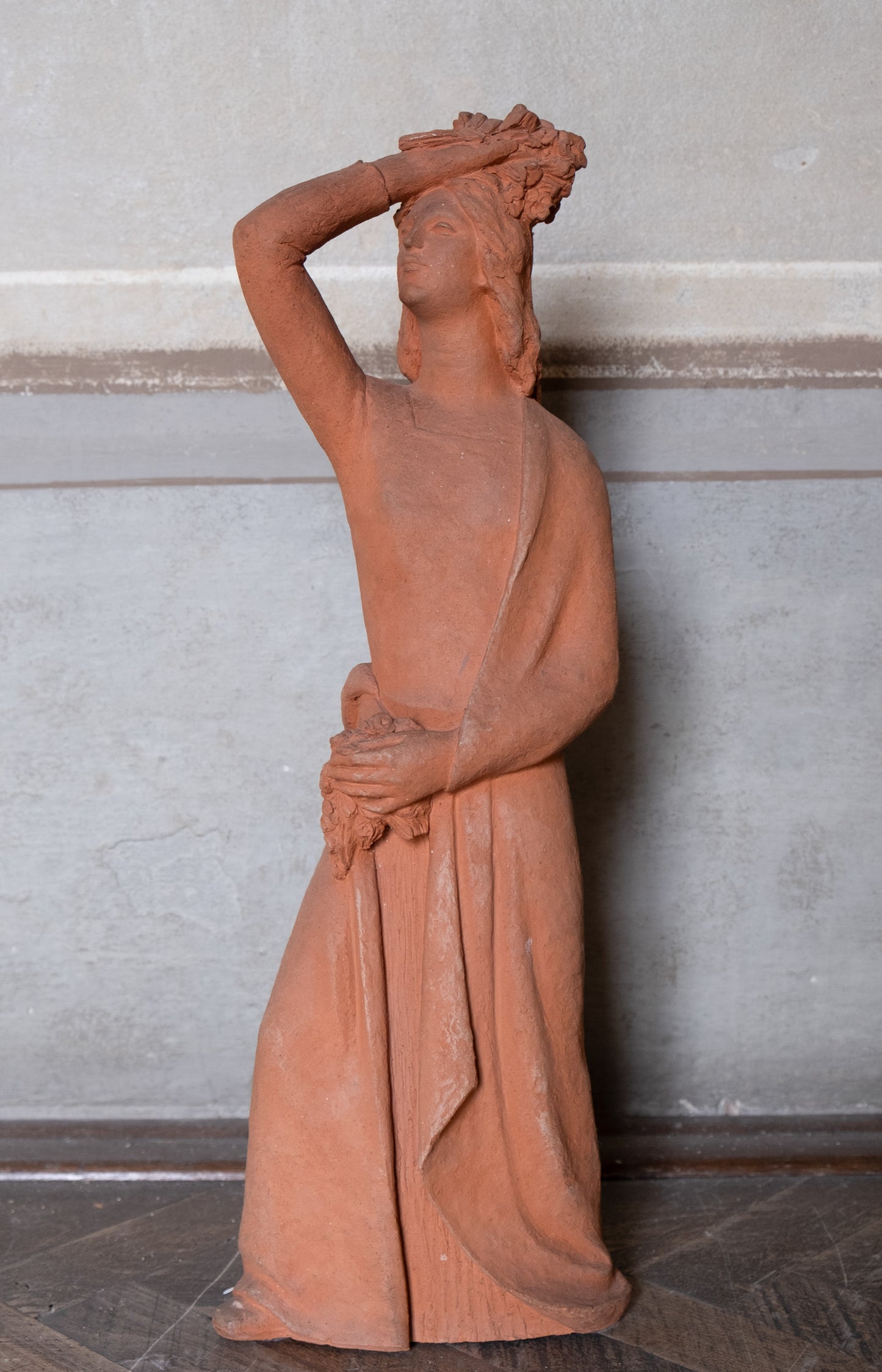 Woman with flowers on head, terracotta sculpture, 1930s-40s, Giorgio Rossi (1894-1981). Tuscan Sculptor.