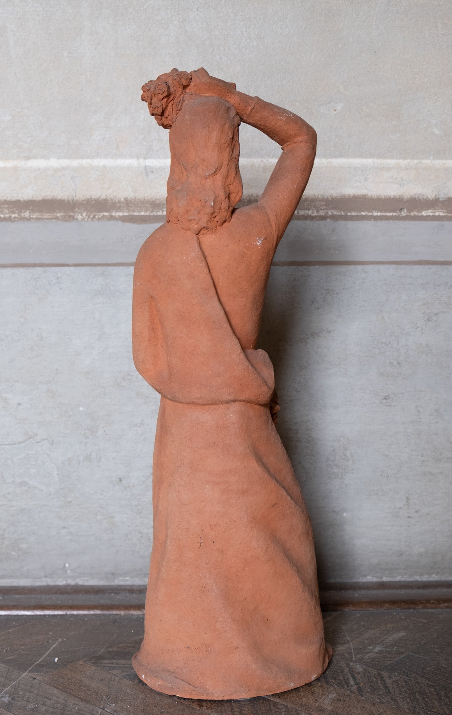 Woman with flowers on head, terracotta sculpture, 1930s-40s, Giorgio Rossi (1894-1981). Tuscan Sculptor.