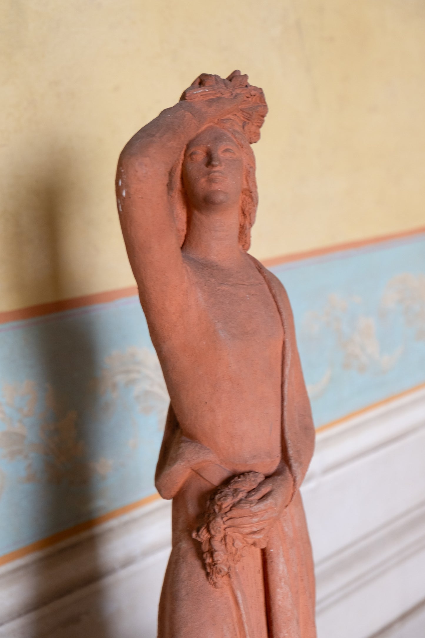 Woman with flowers on head, terracotta sculpture, 1930s-40s, Giorgio Rossi (1894-1981). Tuscan Sculptor.