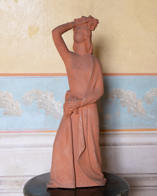 Woman with flowers on head, terracotta sculpture, 1930s-40s, Giorgio Rossi (1894-1981). Tuscan Sculptor.