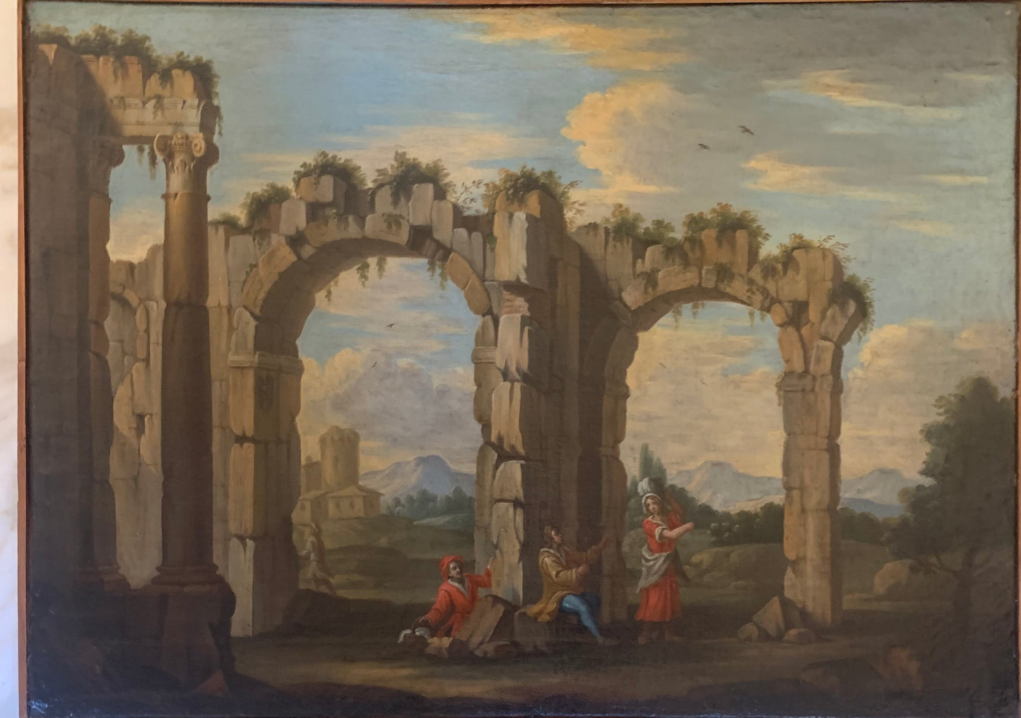 Roman school. Lazio landscape. Early 18th century. Architectual Capriccio with ruins of Ancient Rome