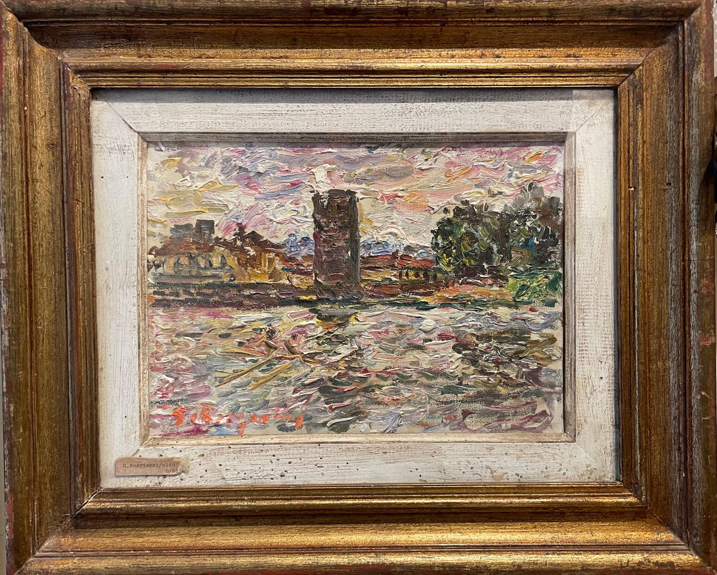 Guido Borgianni. View of Florence with part of medieval walls: Santa Rosa tower and river Arno. Circa 1960.