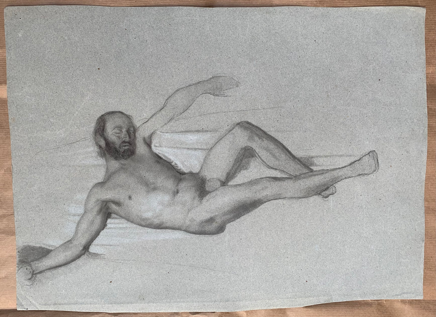 XIX century Academic Preparatory Drawing of the Male Nude as Sleeping Satyr .