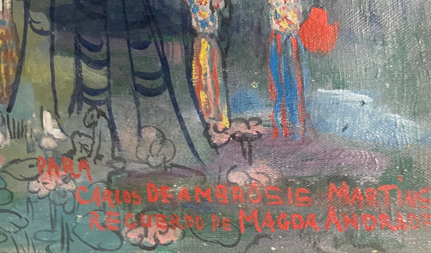 Magda Andrade (Venezuela, 1912 – Paris, 1984). Tropical Magic. Landscape with Palms and Figures