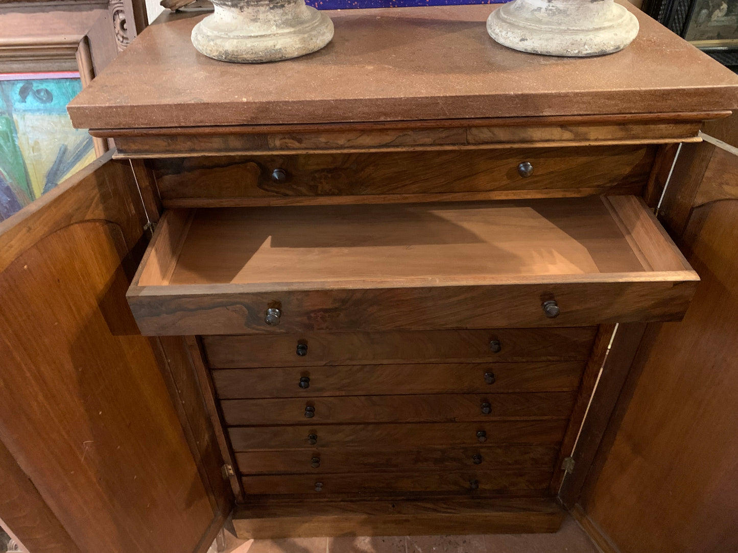 Drawer Archive Cabinet for Documents and Maps, 19th Century, Walnut Veneered Wood with Scagliola Top