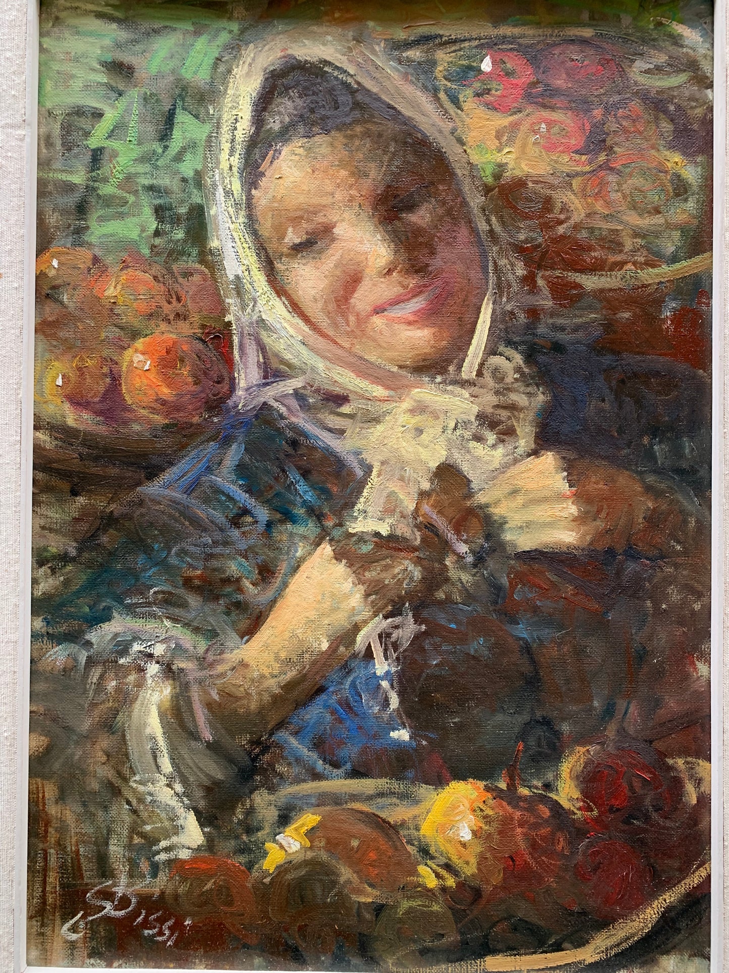 Girl with fruit. Market. Year 1958. Signed Sergio Cirno Bissi (Carmignano, 1902 - Florence, 1987).