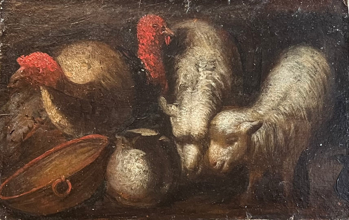 Tacchini, pecore e masserizie — bozzetto di soggetto campestre, scuola dell’Italia settentrionale, XIX sec.