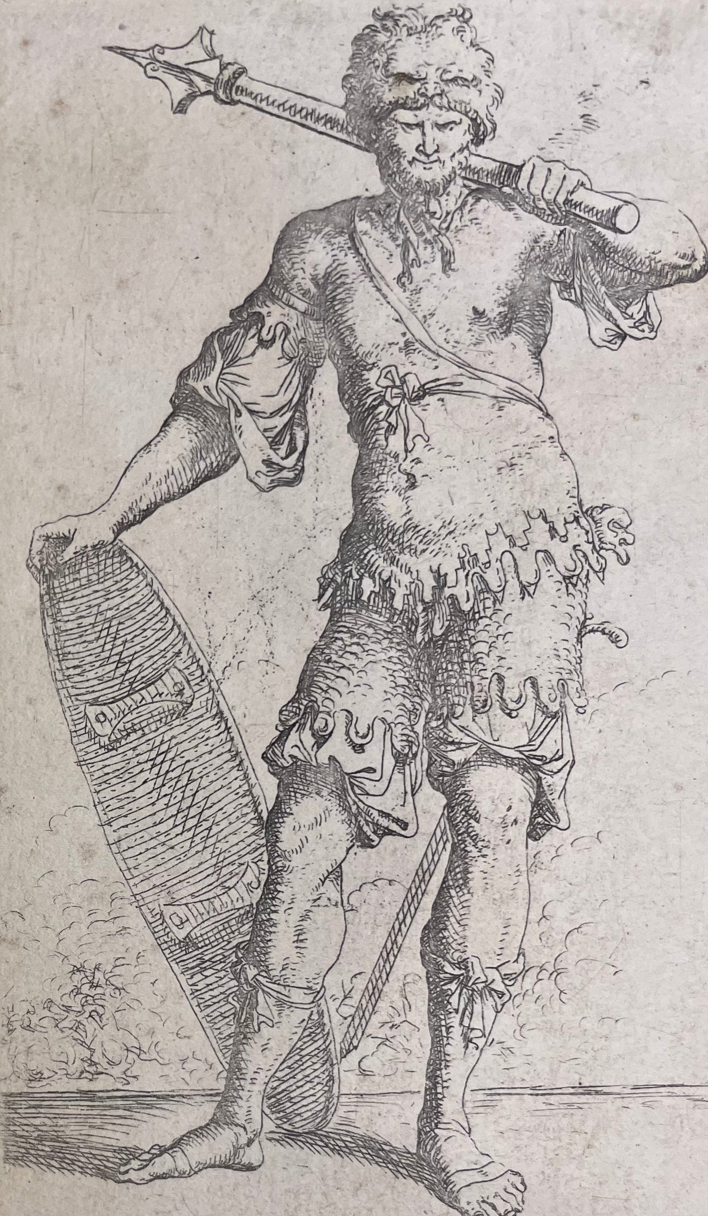 Salvator Rosa (Naples, 1615 – Rome, 1673). Warrior with Mace and Shield. Engraving, circa 1650–1652.