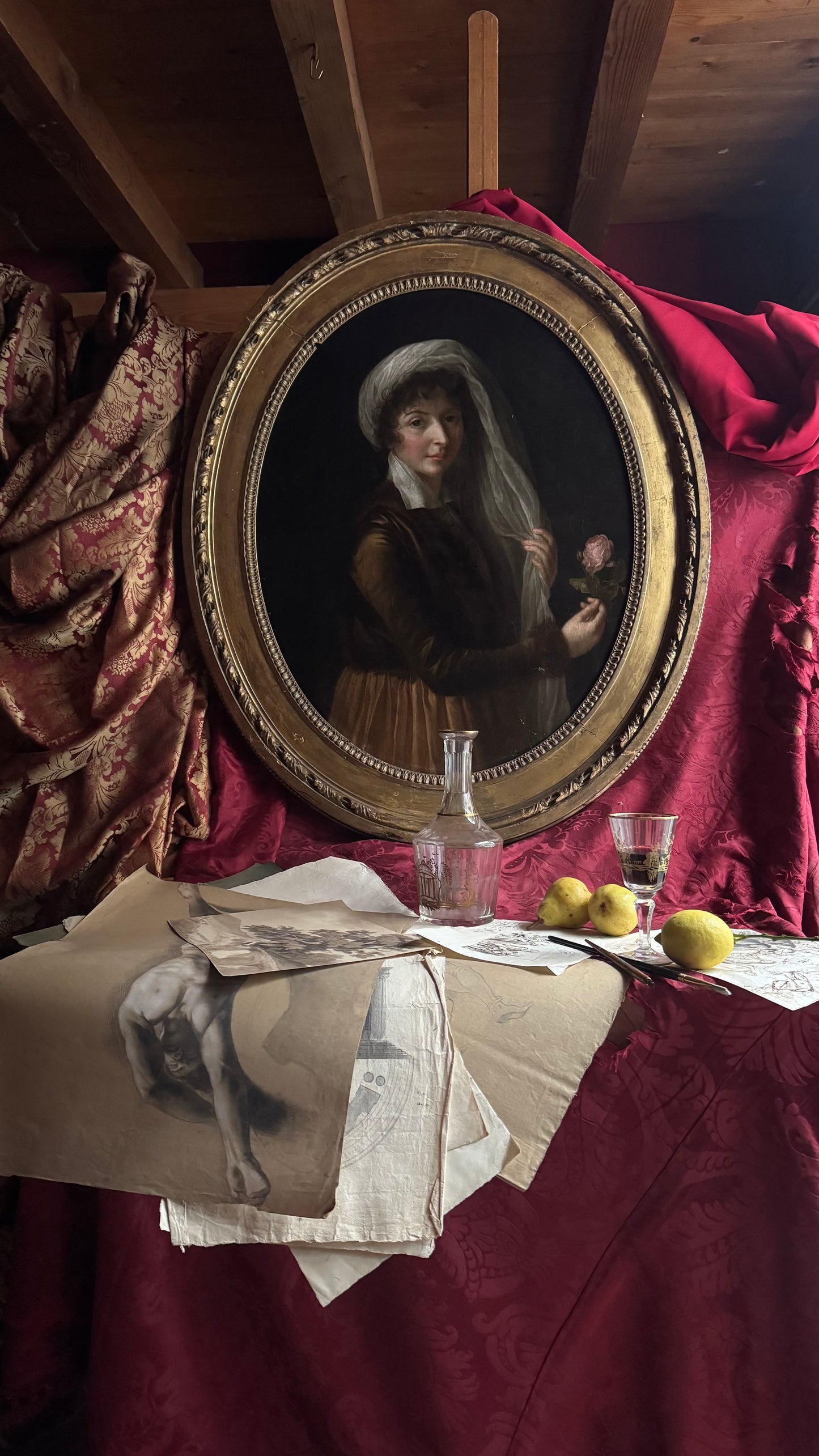 Ritratto di giovane donna con rosa e foulard alla turca, fine del XVIII secolo.