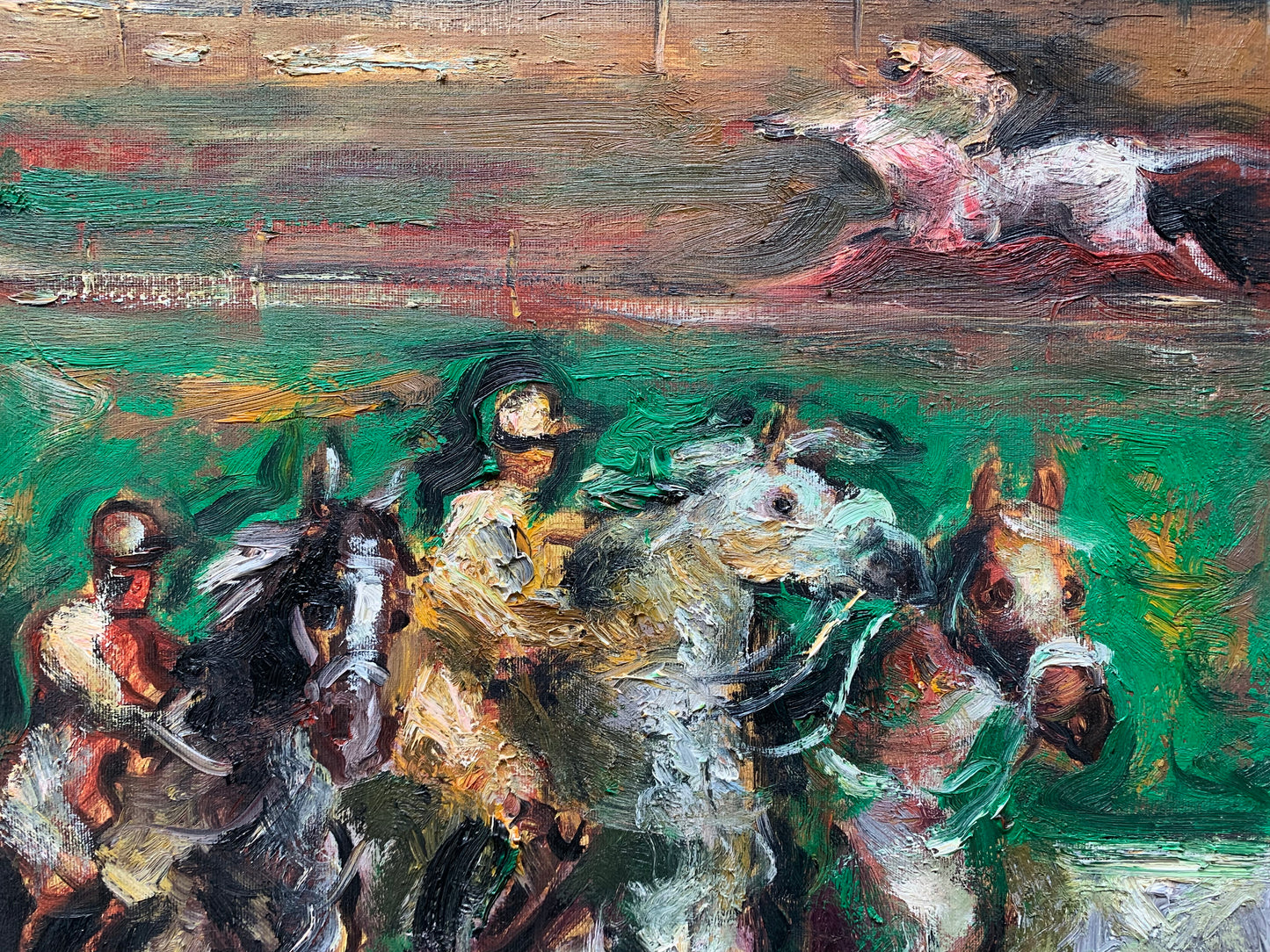 At the Racetrack, horses in the Cascine, Florence. Painting by Emanuele Cappello, born in 1936