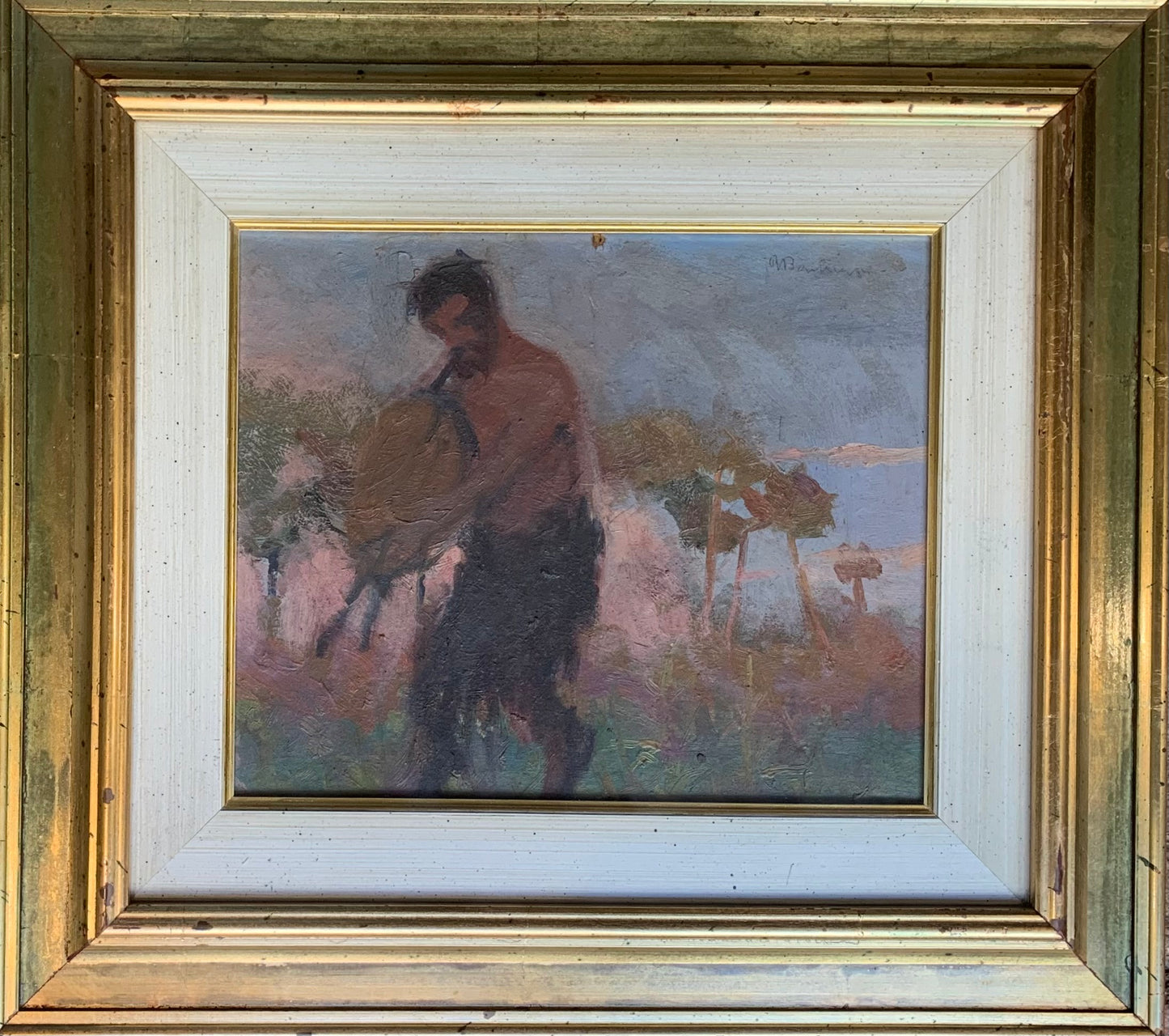 Satyr Playing the Bagpipes at Sunset. Symbolist Painting from the Early 20th Century