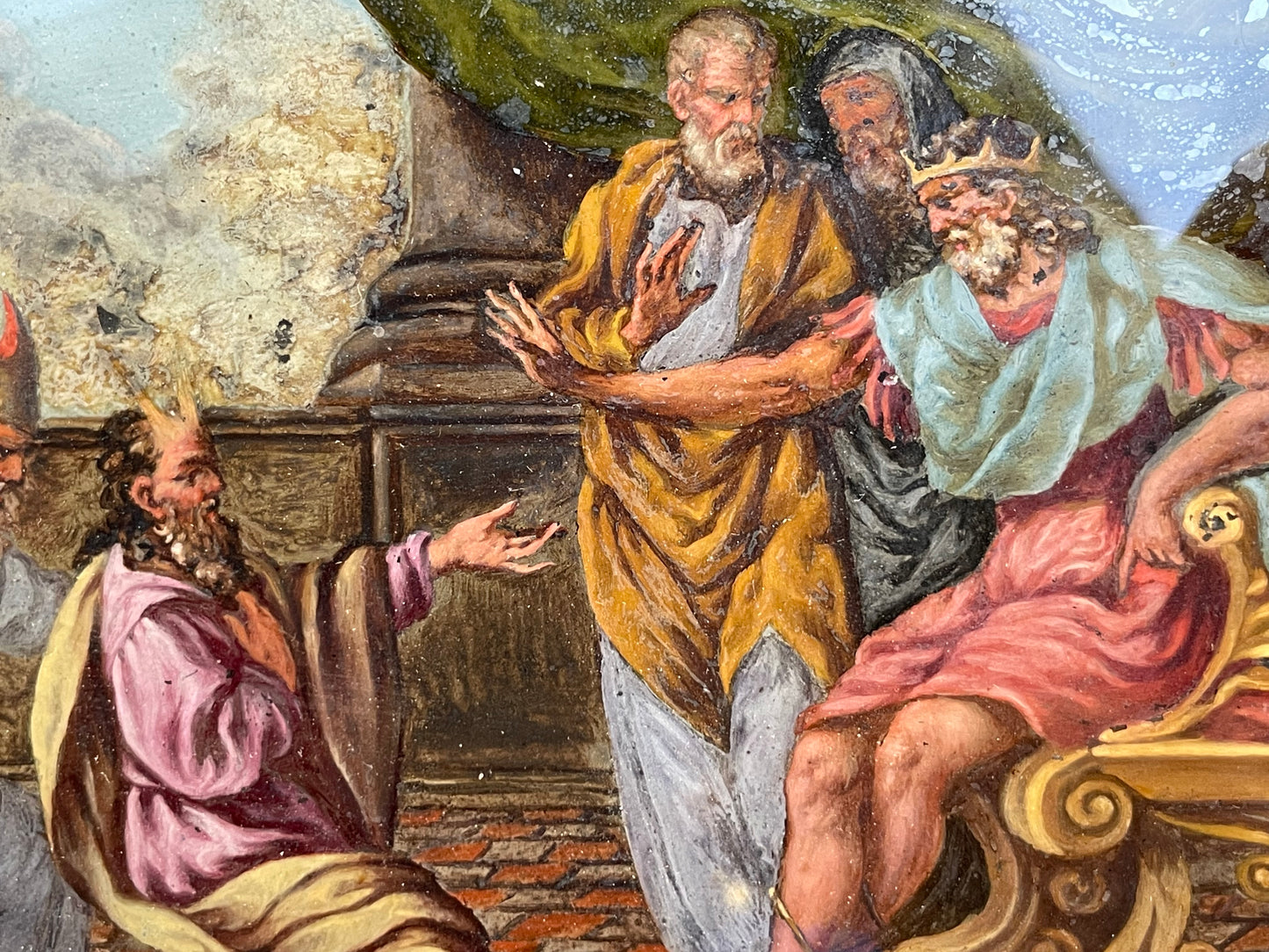 Mosè e Aronne davanti al Faraone, pittura sottovetro, cornice originale. 17 secolo