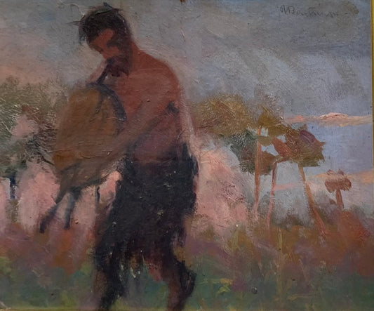 Satyr Playing the Bagpipes at Sunset. Symbolist Painting from the Early 20th Century