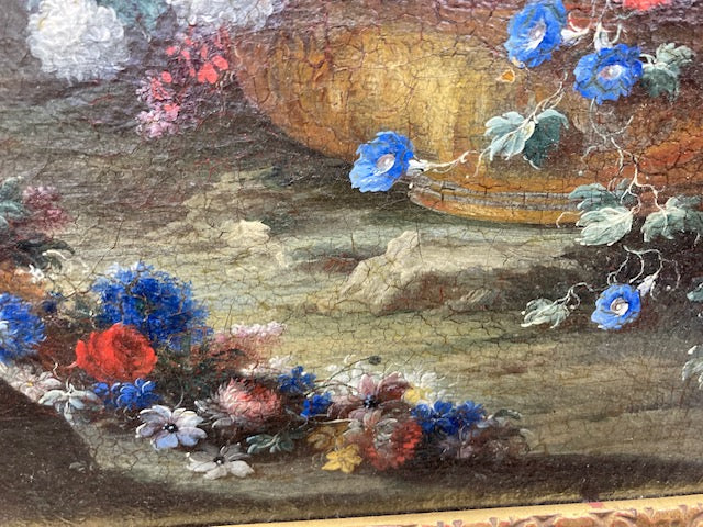 Gaspare Lopez, attribuzione Natura morta con fontana, obelisco e cascata di fiori in un giardino, Napoli, c. 1720