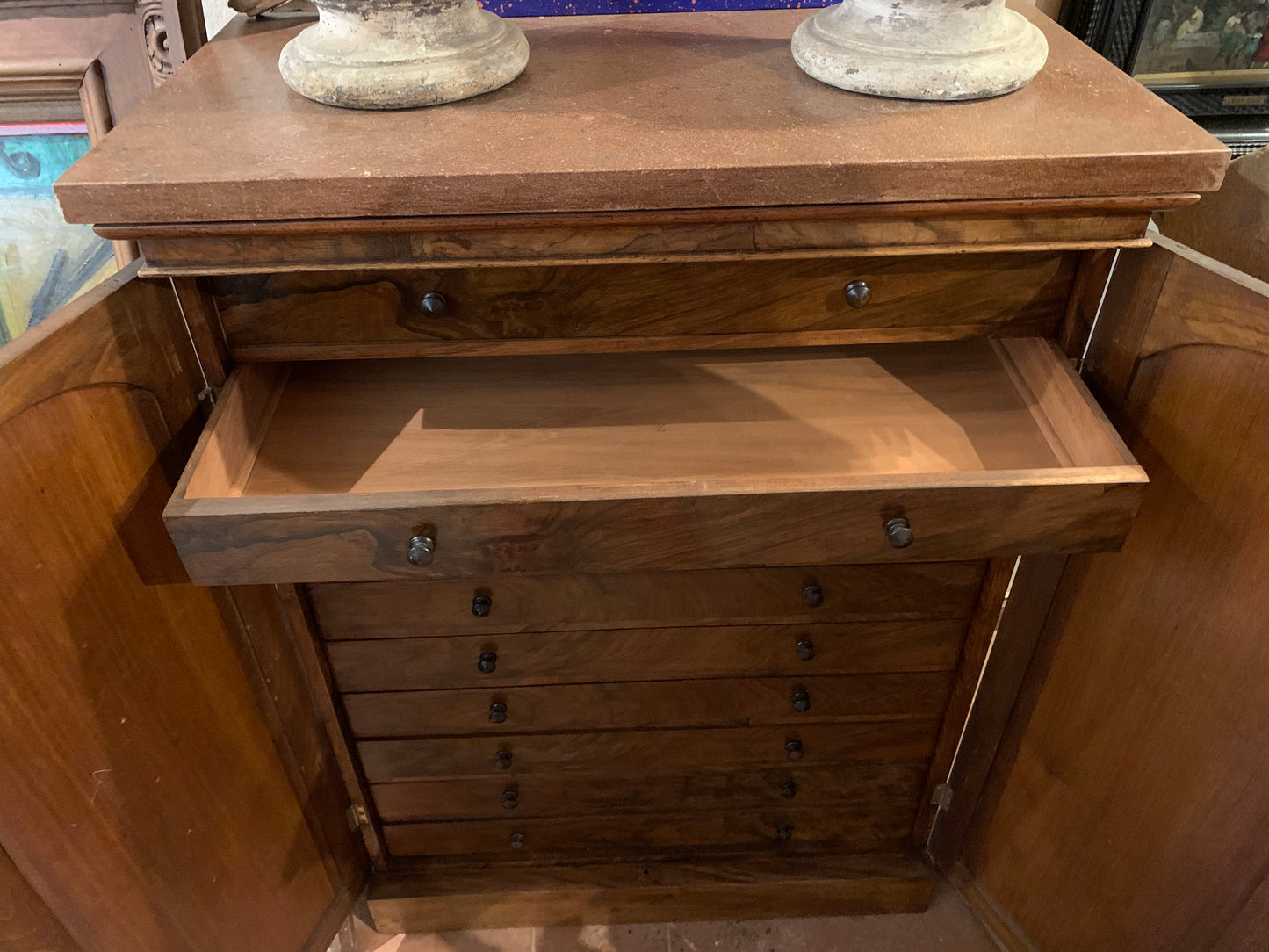 Drawer Archive Cabinet for Documents and Maps, 19th Century, Walnut Veneered Wood with Scagliola Top