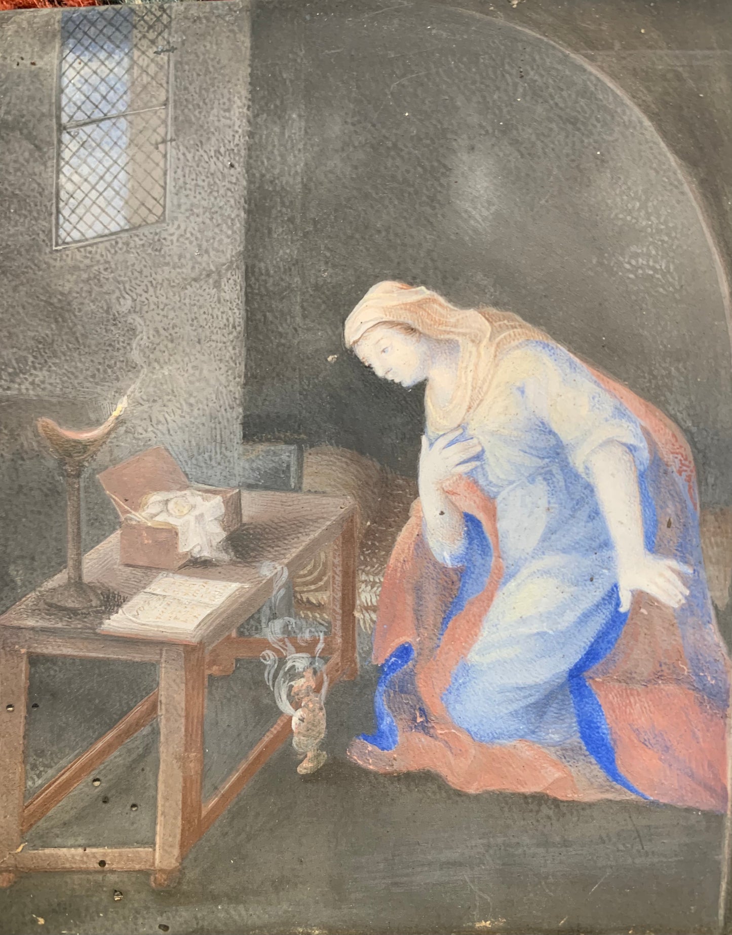 Saint Praying in the Cell with Scene of Soldiers in Armor and Arquebuses - Gouache Technique on Parchment, 17th Century Era”.