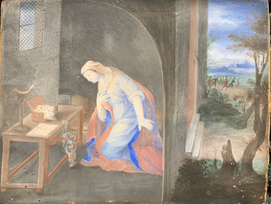 Saint Praying in the Cell with Scene of Soldiers in Armor and Arquebuses - Gouache Technique on Parchment, 17th Century Era”.