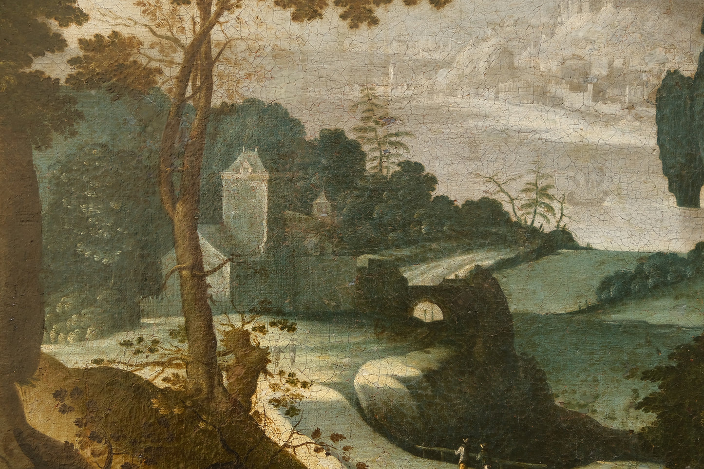 Scuola fiamminga, paesaggio boscoso con castello e città collinare sul fiume, inizio XVII secolo