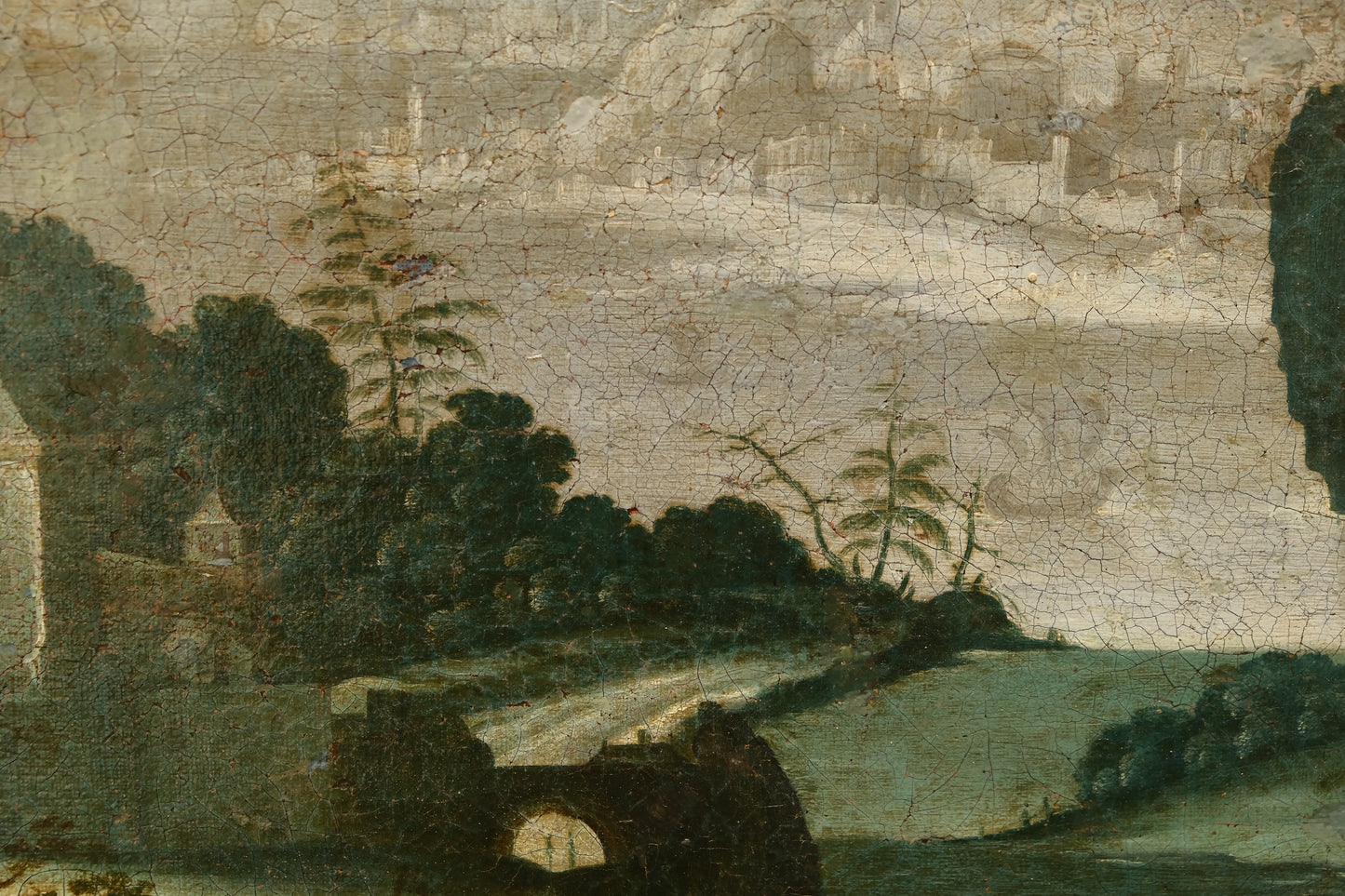 Scuola fiamminga, paesaggio boscoso con castello e città collinare sul fiume, inizio XVII secolo