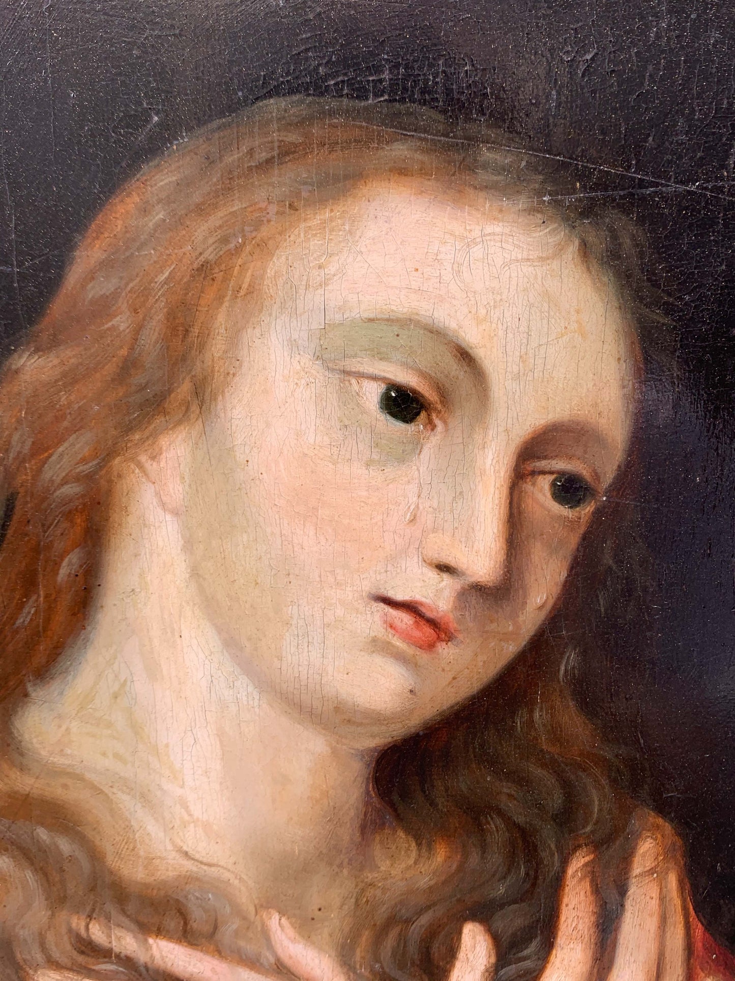 Penitent Mary Magdalene on oak panel with atelier drawings and paper collage on the reverse. Flemish or Dutch school, 17th century