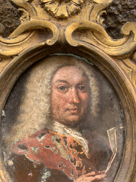 Portrait of a Man with Wig and Document in Hand Late 17th. Oil on copper